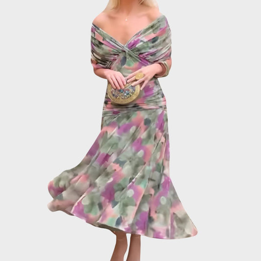 Elegant Floral Maxi Dress for Women with Off Shoulder Draped Sleeve Mermaid Hem Formal Wedding Guest Style