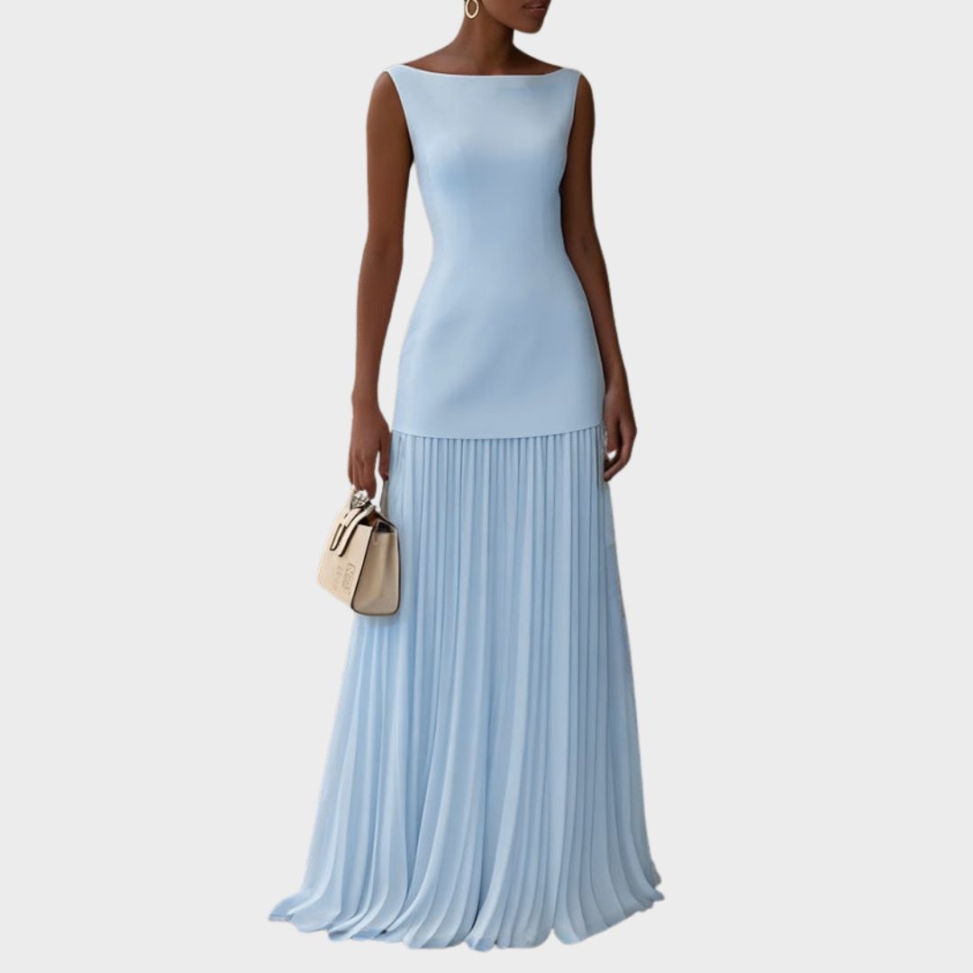Elegant Chiffon Maxi Dress for Women with Boat Neck Sleeveless Drop Waist Formal Wedding Guest Style