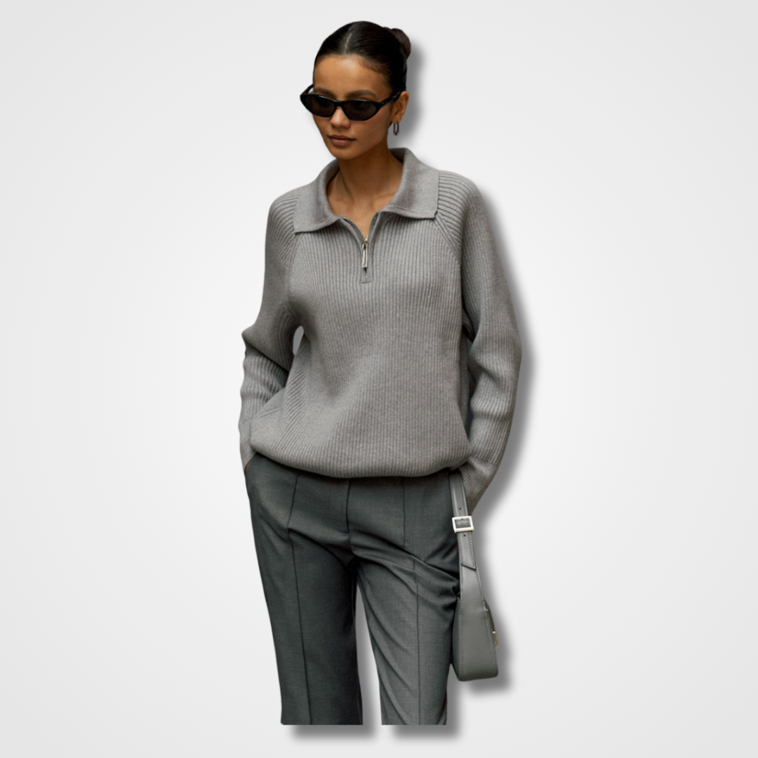 Comfortable Ribbed Knit Sweater for Women with Collar Zip Long Sleeve Oversized Relaxed Style