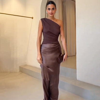 Elegant Satin Maxi Dress for Women with One Shoulder Ruched Bodice Floor Length Mermaid Style