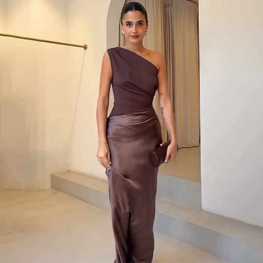 Elegant Satin Maxi Dress for Women with One Shoulder Ruched Bodice Floor Length Mermaid Style