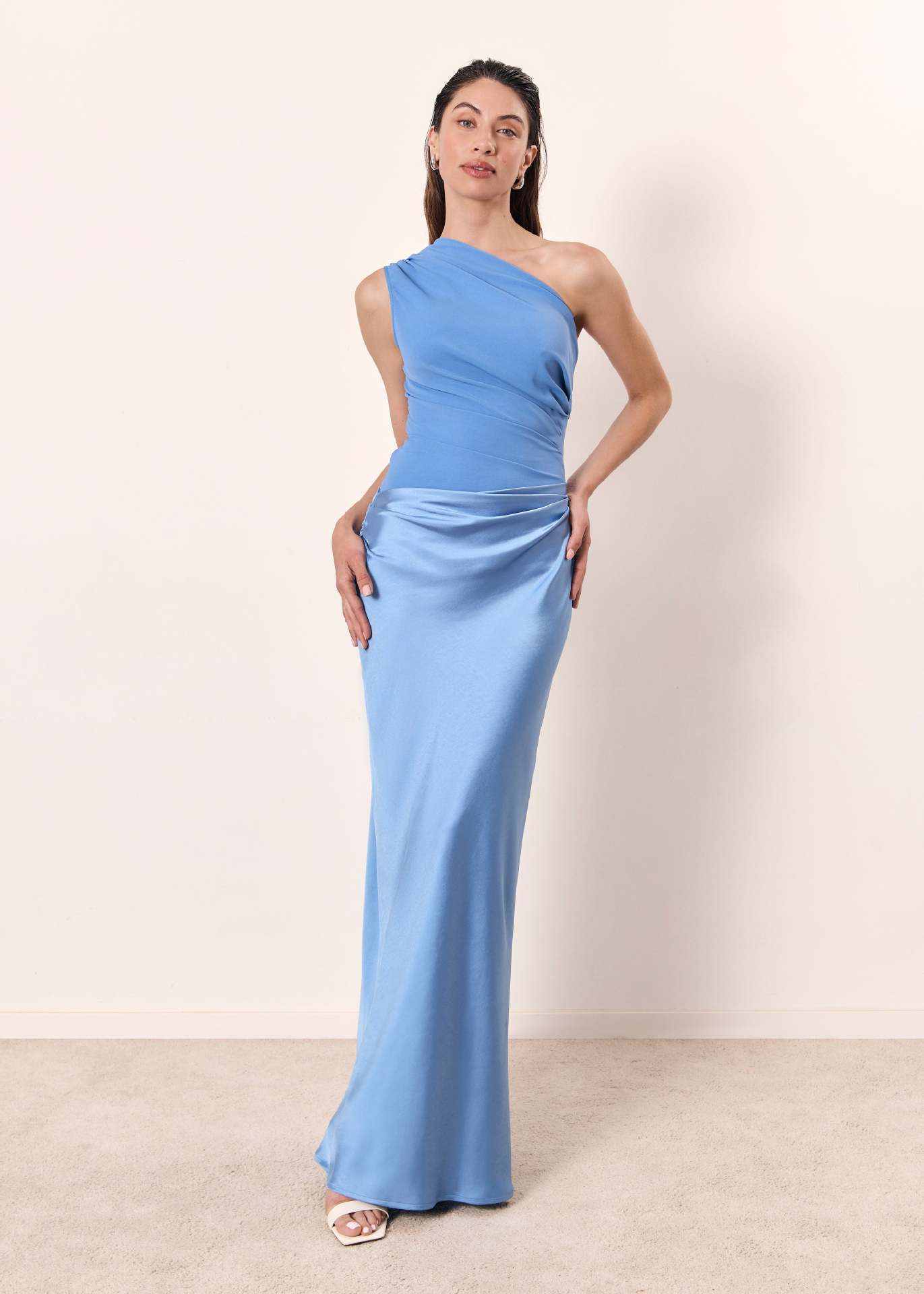 Elegant Satin Maxi Dress for Women with One Shoulder Ruched Bodice Floor Length Mermaid Style