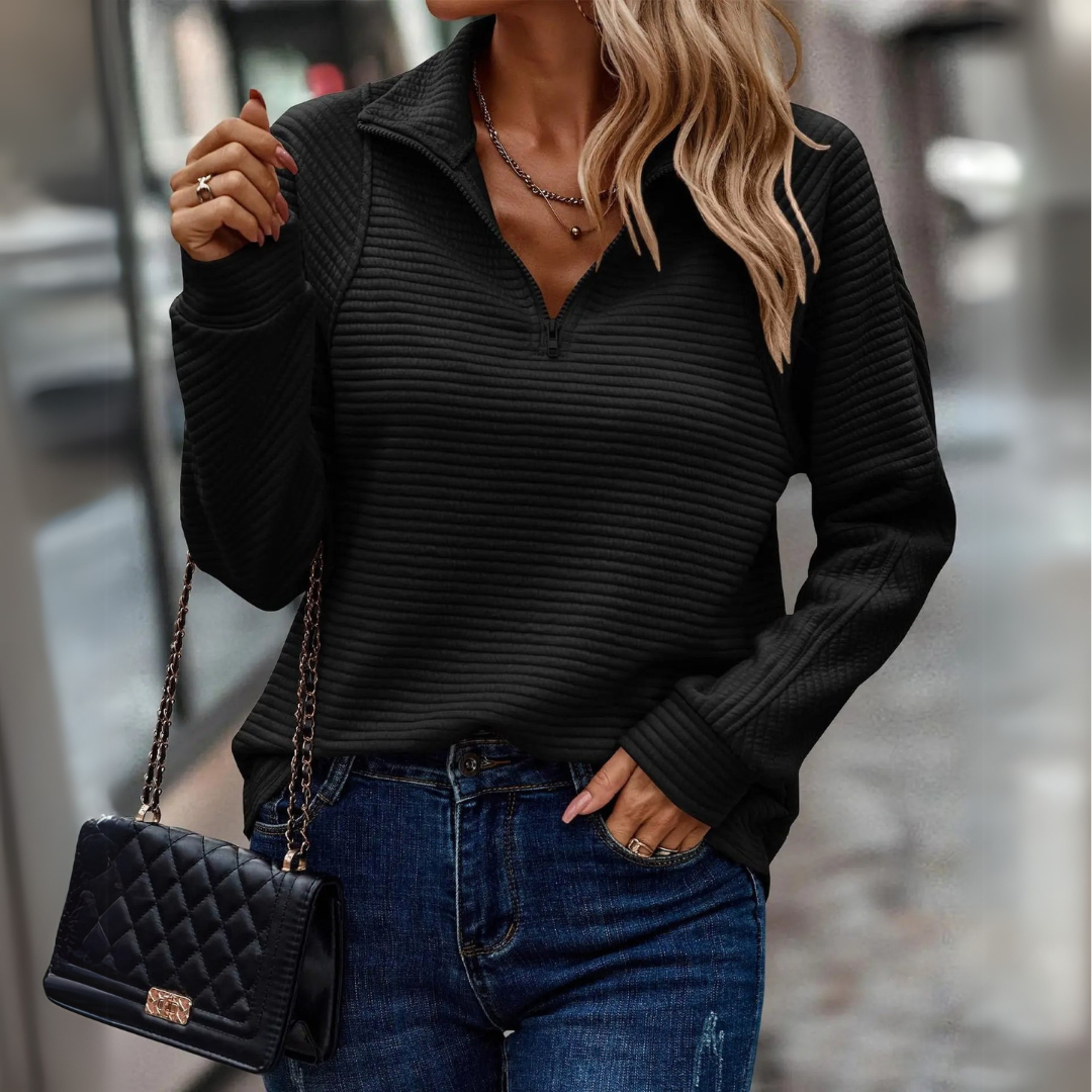 Comfortable Ribbed Quarter Zip Sweatshirt for Women with Collared Long Sleeve Relaxed Oversized Knit Style