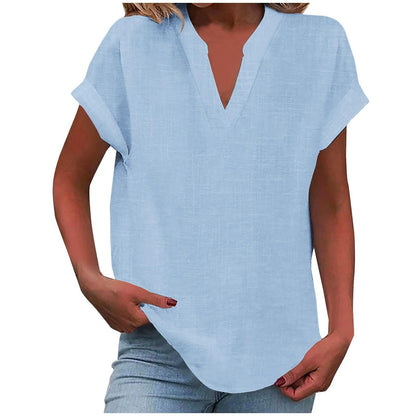 Effortless Linen Blouse for Women with V Neck Short Sleeve Relaxed Tunic Style