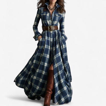 Elegant Plaid Maxi Shirt Dress for Women with Collar Long Sleeve Belted Flowing Style