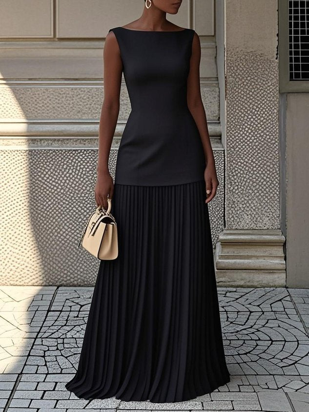 Elegant Pleated Maxi Dress for Women with Boat Neck Sleeveless Fitted Bodice Formal Party Style