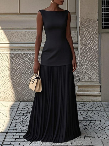 Elegant Pleated Maxi Dress for Women with Boat Neck Sleeveless Fitted Bodice Formal Party Style