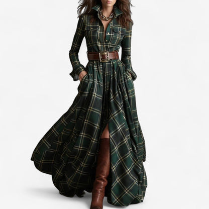 Elegant Plaid Maxi Shirt Dress for Women with Collar Long Sleeve Belted Flowing Style