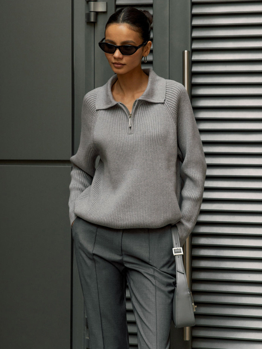 Comfortable Ribbed Knit Sweater for Women with Collar Zip Long Sleeve Oversized Relaxed Style