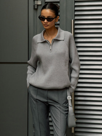 Comfortable Ribbed Knit Sweater for Women with Collar Zip Long Sleeve Oversized Relaxed Style