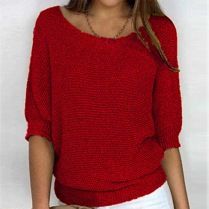 Comfortable Knit Sweater for Women with Scoop Neck Batwing Sleeve Ribbed Hem Oversized Style