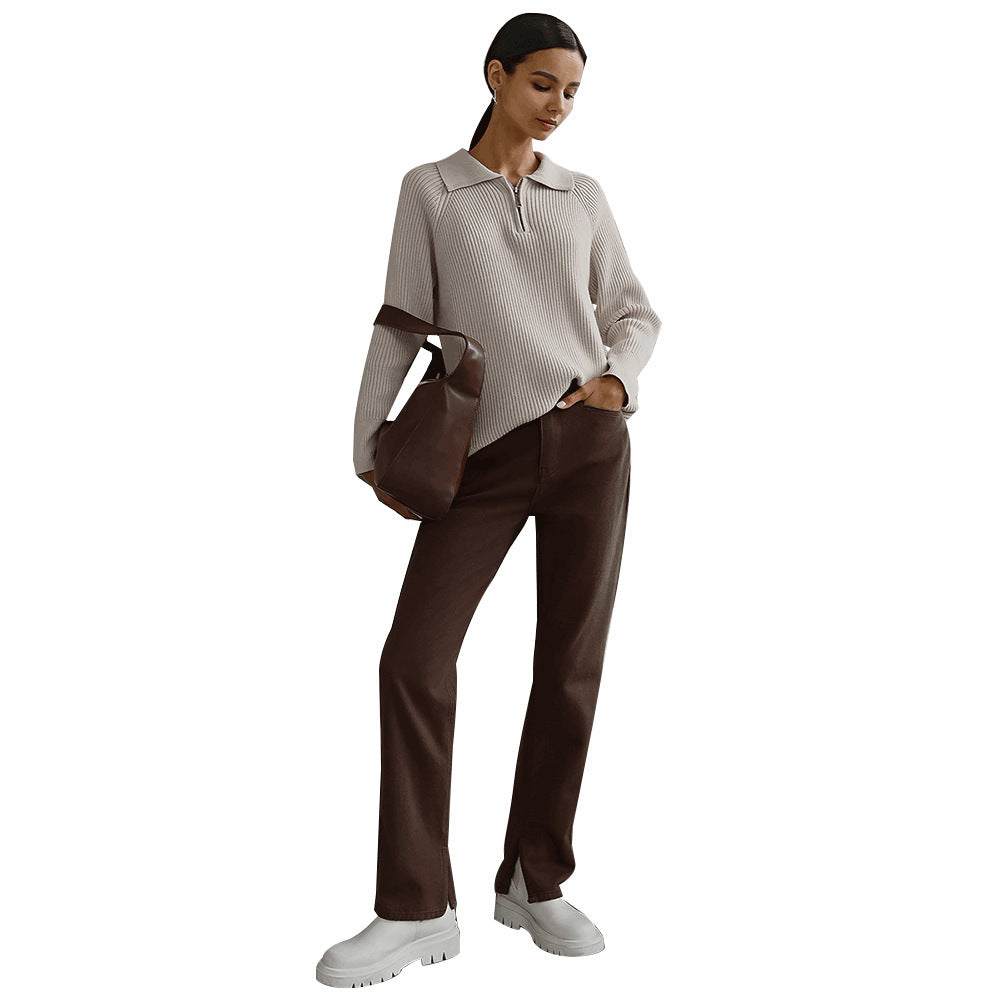 Comfortable Ribbed Knit Sweater for Women with Collar Zip Long Sleeve Oversized Relaxed Style