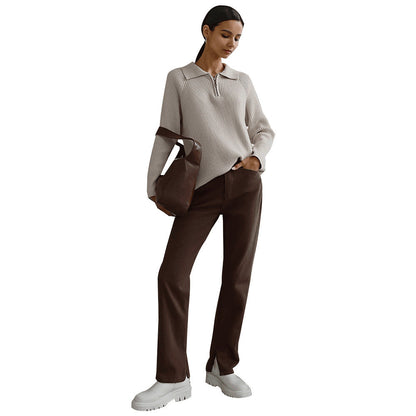 Comfortable Ribbed Knit Sweater for Women with Collar Zip Long Sleeve Oversized Relaxed Style