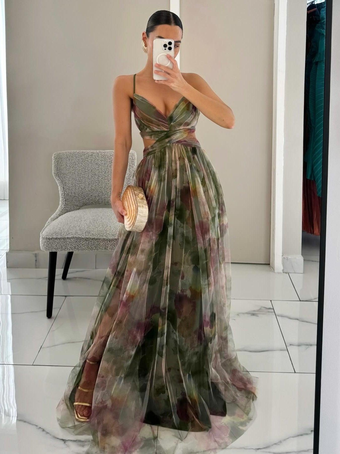 Elegant Watercolor Floral Maxi Dress for Women with V Neck Crisscross Waist Cutout Flowing Style