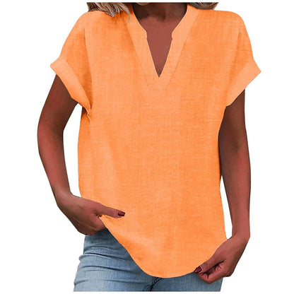 Effortless Linen Blouse for Women with V Neck Short Sleeve Relaxed Tunic Style