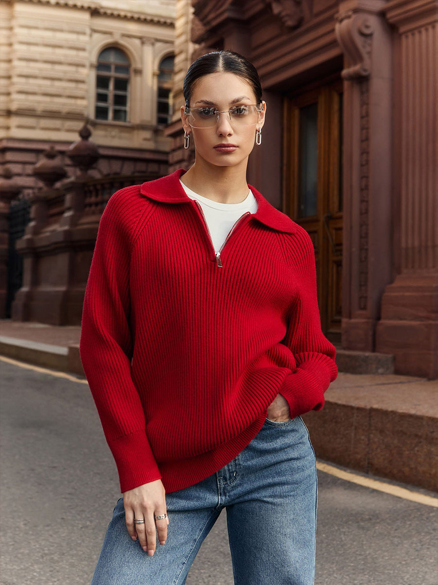 Comfortable Ribbed Knit Sweater for Women with Collar Zip Long Sleeve Oversized Relaxed Style