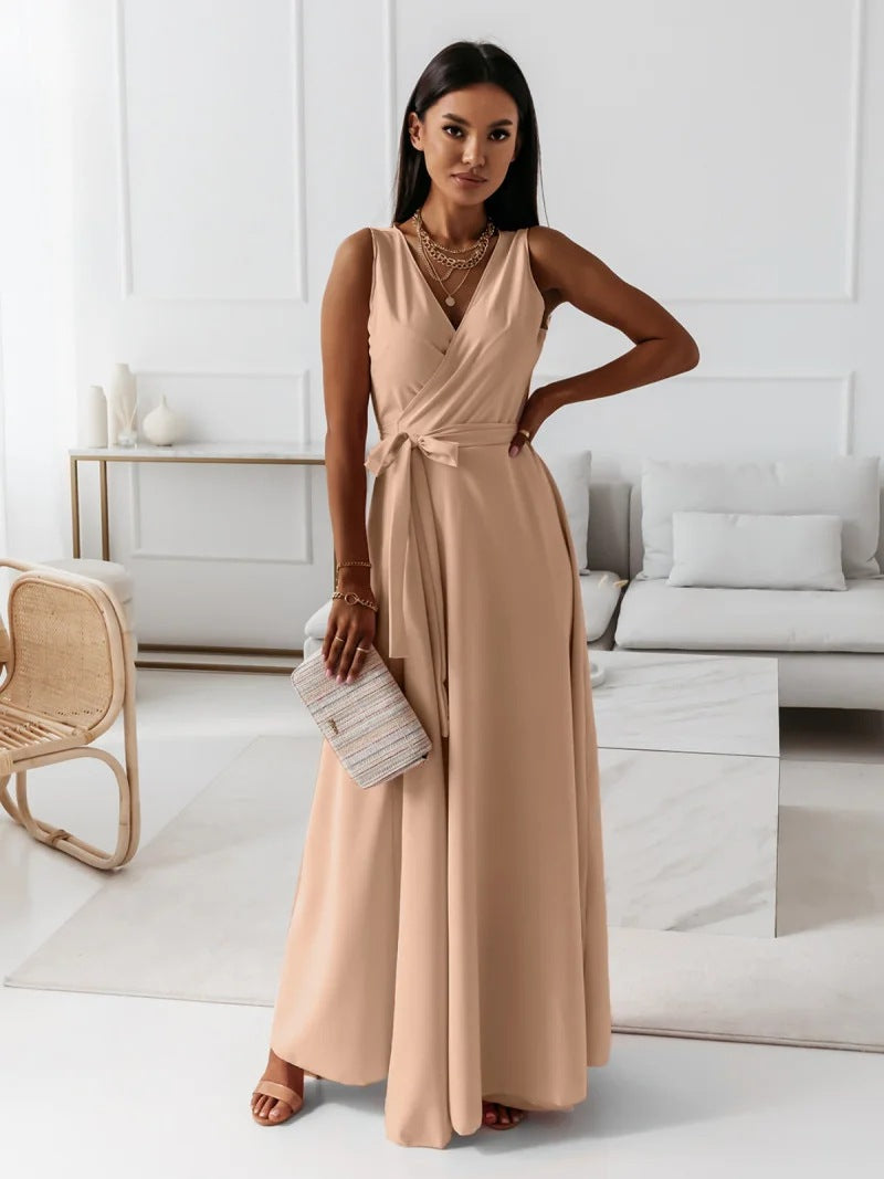Elegant Satin Maxi Dress for Women with Surplice V Neck Pleated Waist Flowing Formal Wedding Guest Style