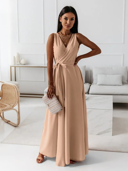 Elegant Satin Maxi Dress for Women with Surplice V Neck Pleated Waist Flowing Formal Wedding Guest Style