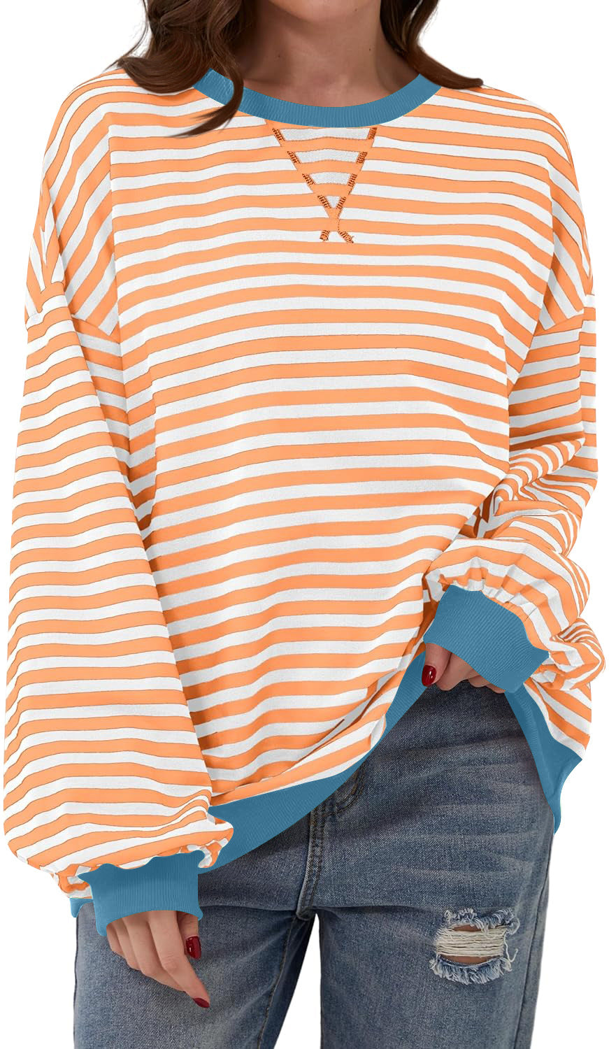 Effortless Striped Sweatshirt for Women with Crew Neck Long Sleeve Contrast Cuff Oversized Style