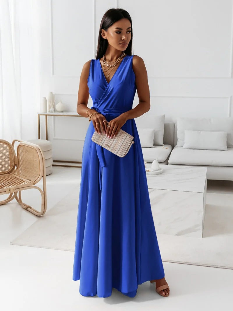 Elegant Satin Maxi Dress for Women with Surplice V Neck Pleated Waist Flowing Formal Wedding Guest Style