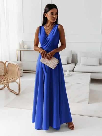 Elegant Satin Maxi Dress for Women with Surplice V Neck Pleated Waist Flowing Formal Wedding Guest Style