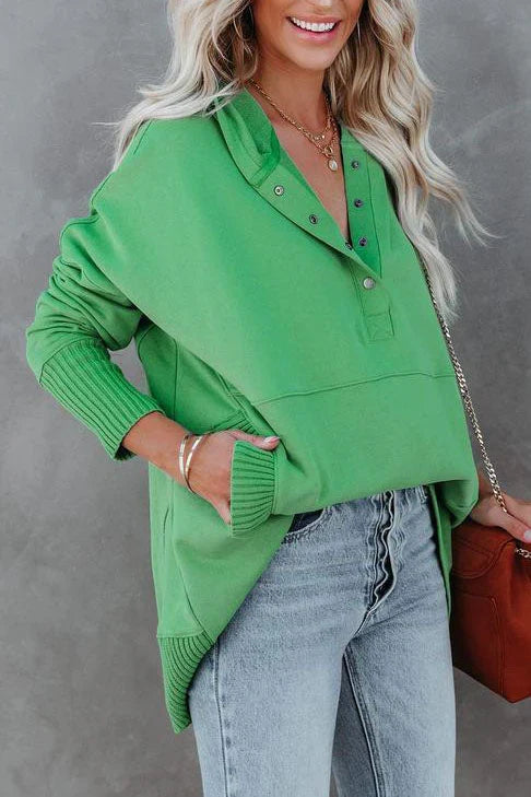 Effortless Oversized Hoodie for Women with Snap Button Long Sleeve Ribbed Cuff Casual Style