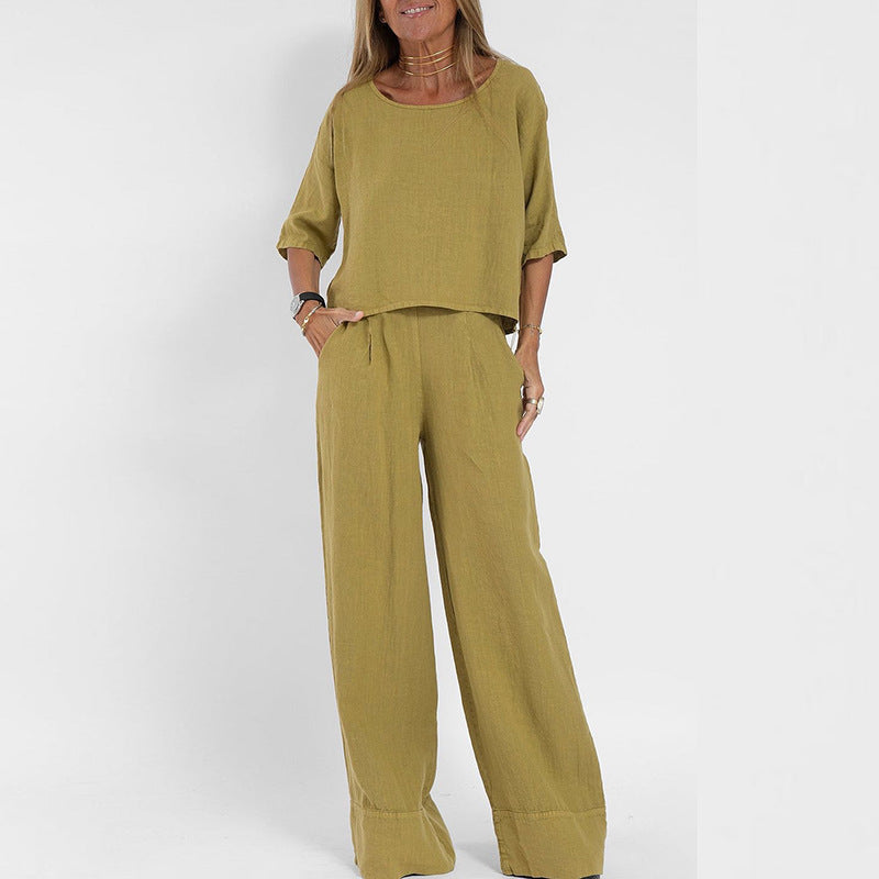 Effortless Linen Wide Leg Set for Women with Round Neck Elbow Sleeve Relaxed Two Piece Style