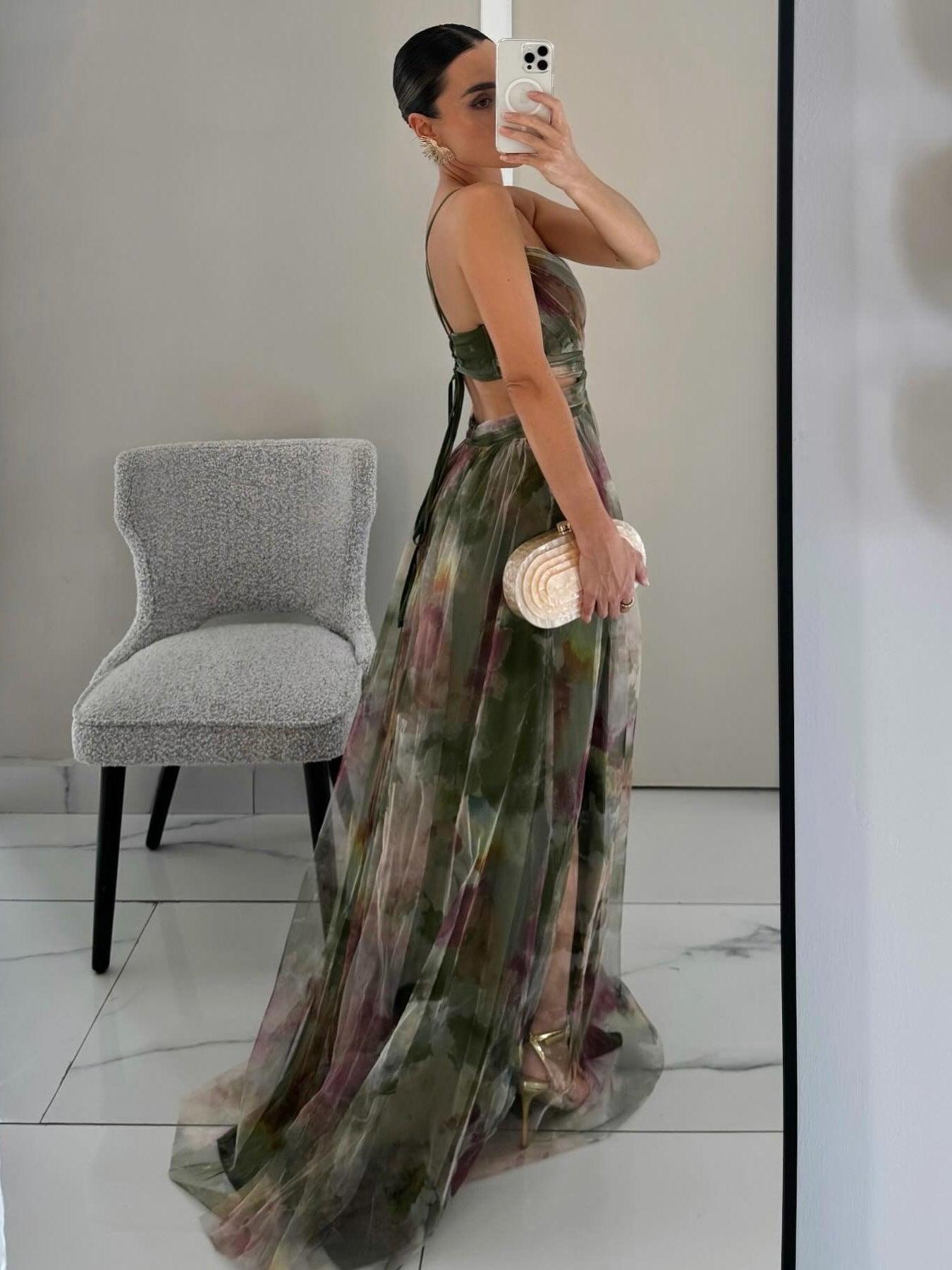 Elegant Watercolor Floral Maxi Dress for Women with V Neck Crisscross Waist Cutout Flowing Style