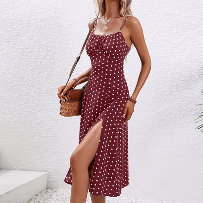 Effortless Polka Dot Midi Dress for Women with Scoop Neck Sleeveless Side Slit Bodycon Style