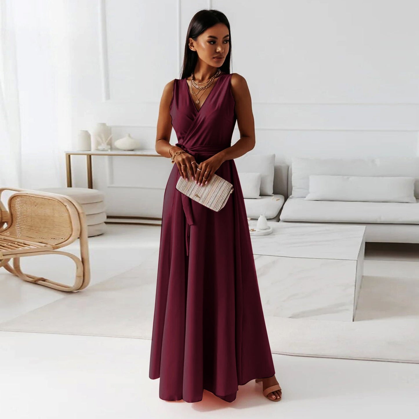 Elegant Satin Maxi Dress for Women with Surplice V Neck Pleated Waist Flowing Formal Wedding Guest Style