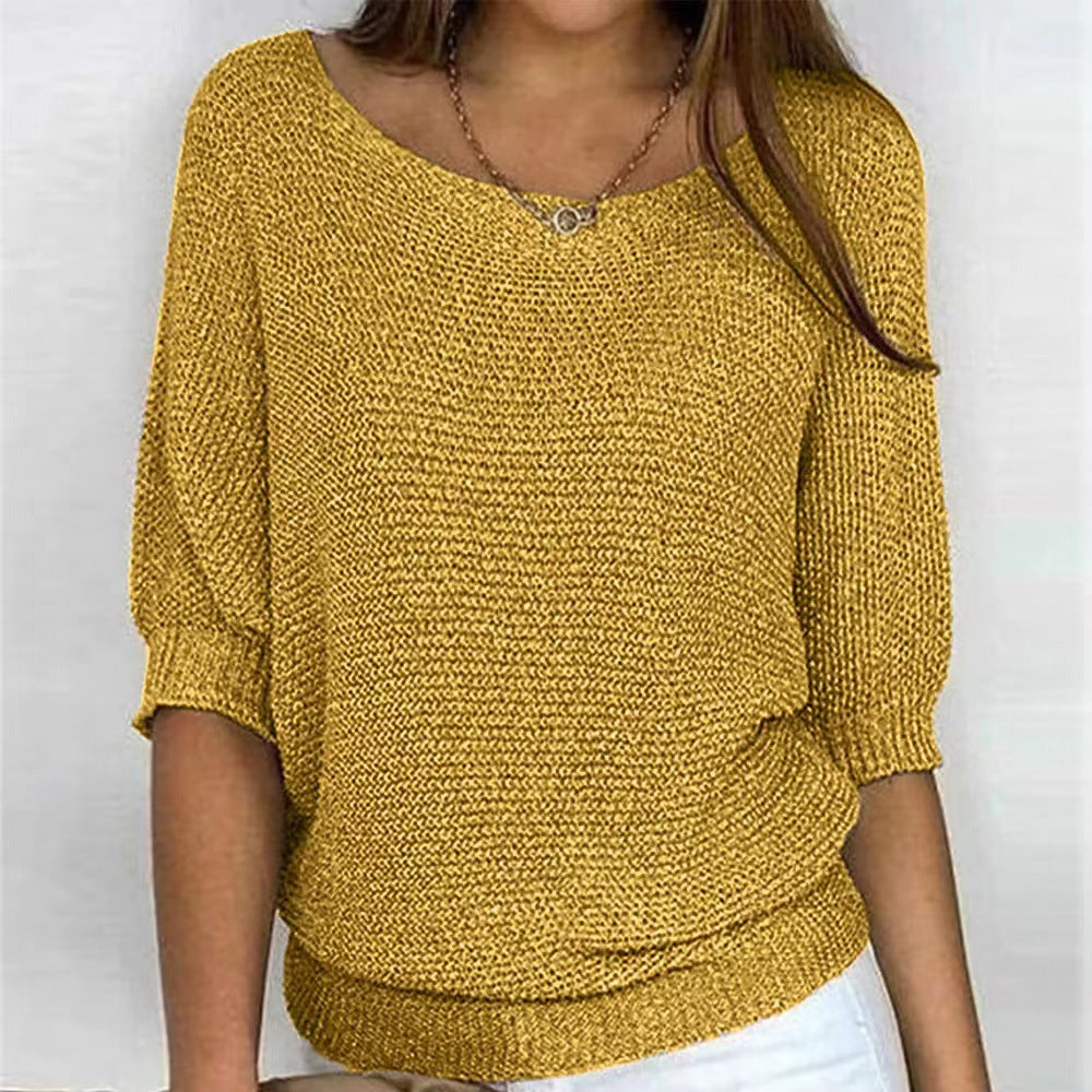Comfortable Knit Sweater for Women with Scoop Neck Batwing Sleeve Ribbed Hem Oversized Style
