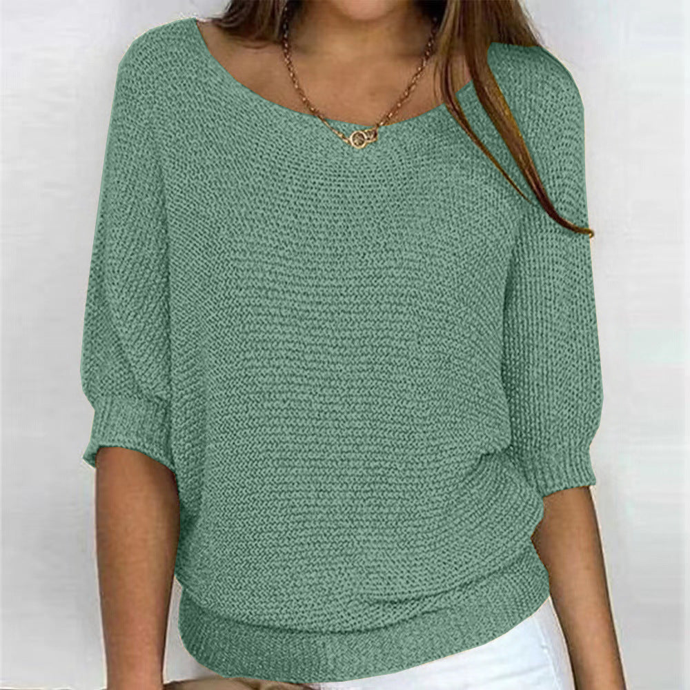Comfortable Knit Sweater for Women with Scoop Neck Batwing Sleeve Ribbed Hem Oversized Style