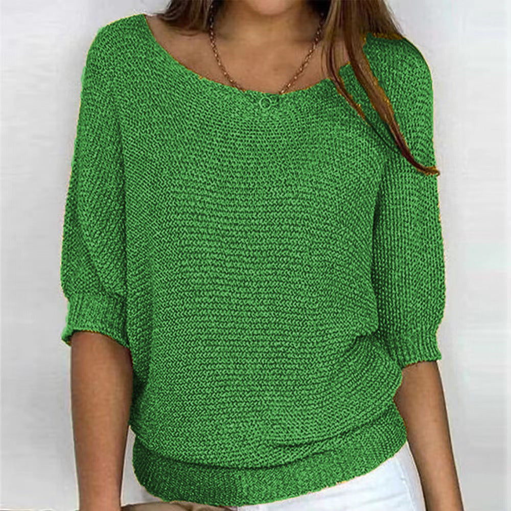 Comfortable Knit Sweater for Women with Scoop Neck Batwing Sleeve Ribbed Hem Oversized Style