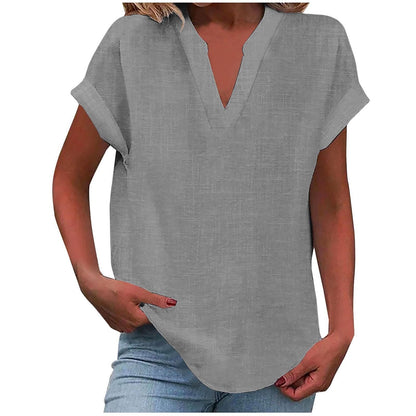 Effortless Linen Blouse for Women with V Neck Short Sleeve Relaxed Tunic Style