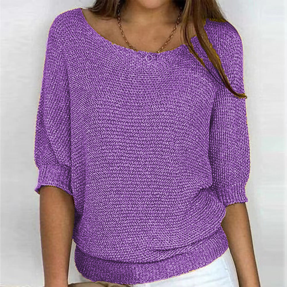 Comfortable Knit Sweater for Women with Scoop Neck Batwing Sleeve Ribbed Hem Oversized Style