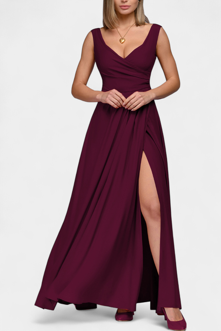 Elegant Chiffon Maxi Dress for Women with V Neck Sleeveless High Slit Formal Wedding Guest Style