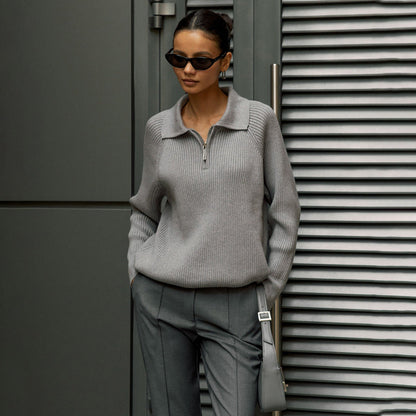 Comfortable Ribbed Knit Sweater for Women with Collar Zip Long Sleeve Oversized Relaxed Style