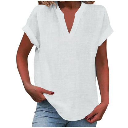 Effortless Linen Blouse for Women with V Neck Short Sleeve Relaxed Tunic Style