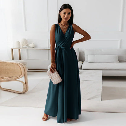 Elegant Satin Maxi Dress for Women with Surplice V Neck Pleated Waist Flowing Formal Wedding Guest Style