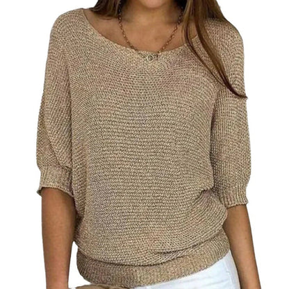 Comfortable Knit Sweater for Women with Scoop Neck Batwing Sleeve Ribbed Hem Oversized Style