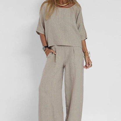 Effortless Linen Wide Leg Set for Women with Round Neck Elbow Sleeve Relaxed Two Piece Style