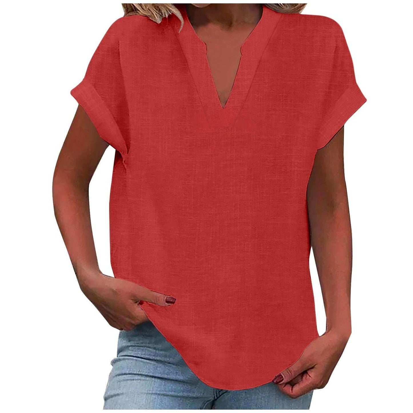 Effortless Linen Blouse for Women with V Neck Short Sleeve Relaxed Tunic Style
