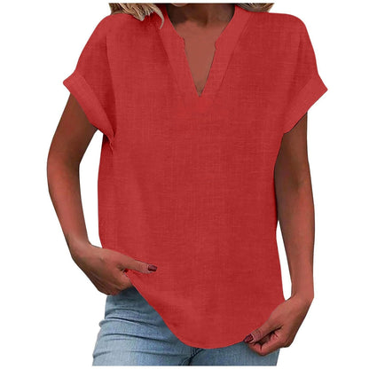 Effortless Linen Blouse for Women with V Neck Short Sleeve Relaxed Tunic Style