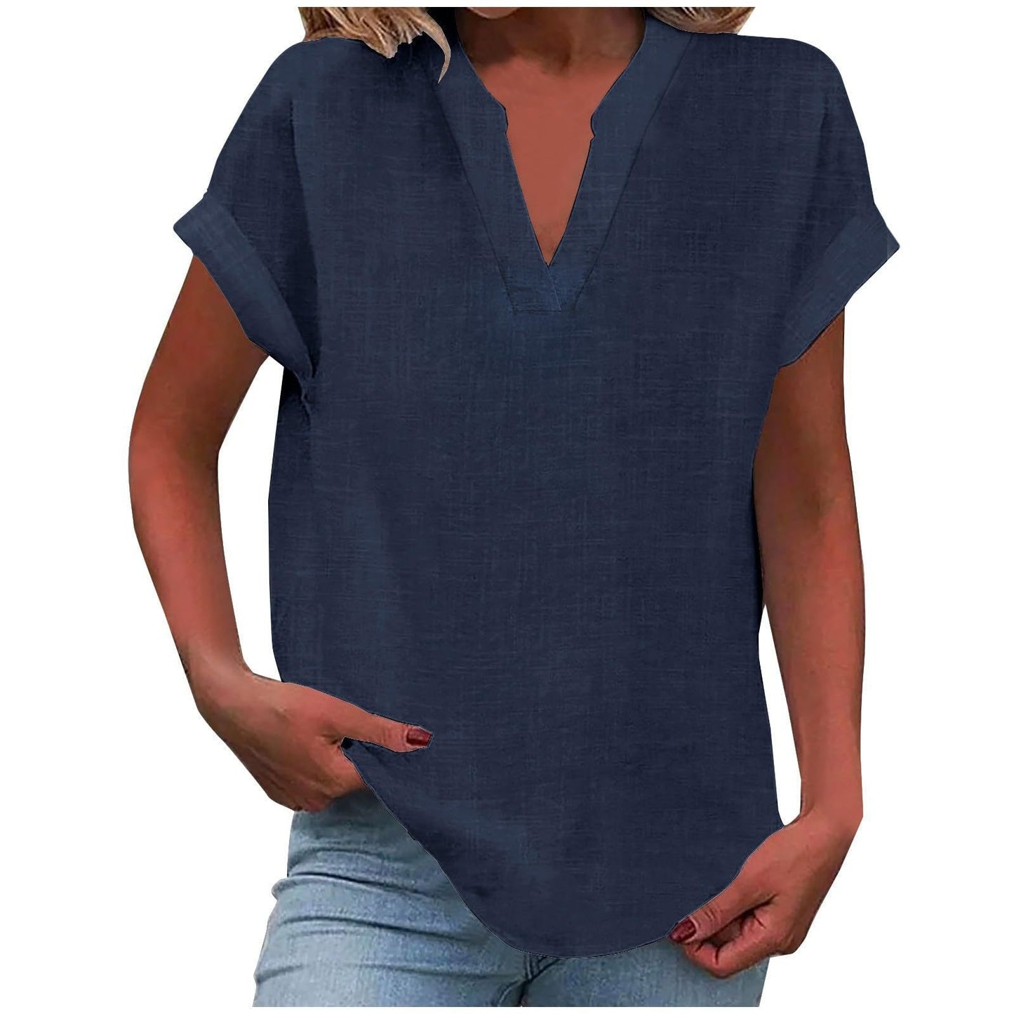 Effortless Linen Blouse for Women with V Neck Short Sleeve Relaxed Tunic Style