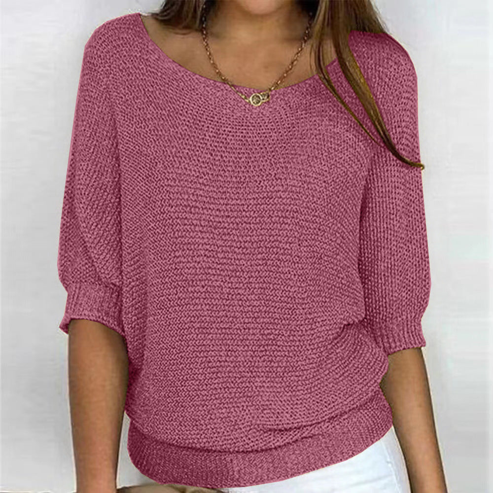 Comfortable Knit Sweater for Women with Scoop Neck Batwing Sleeve Ribbed Hem Oversized Style