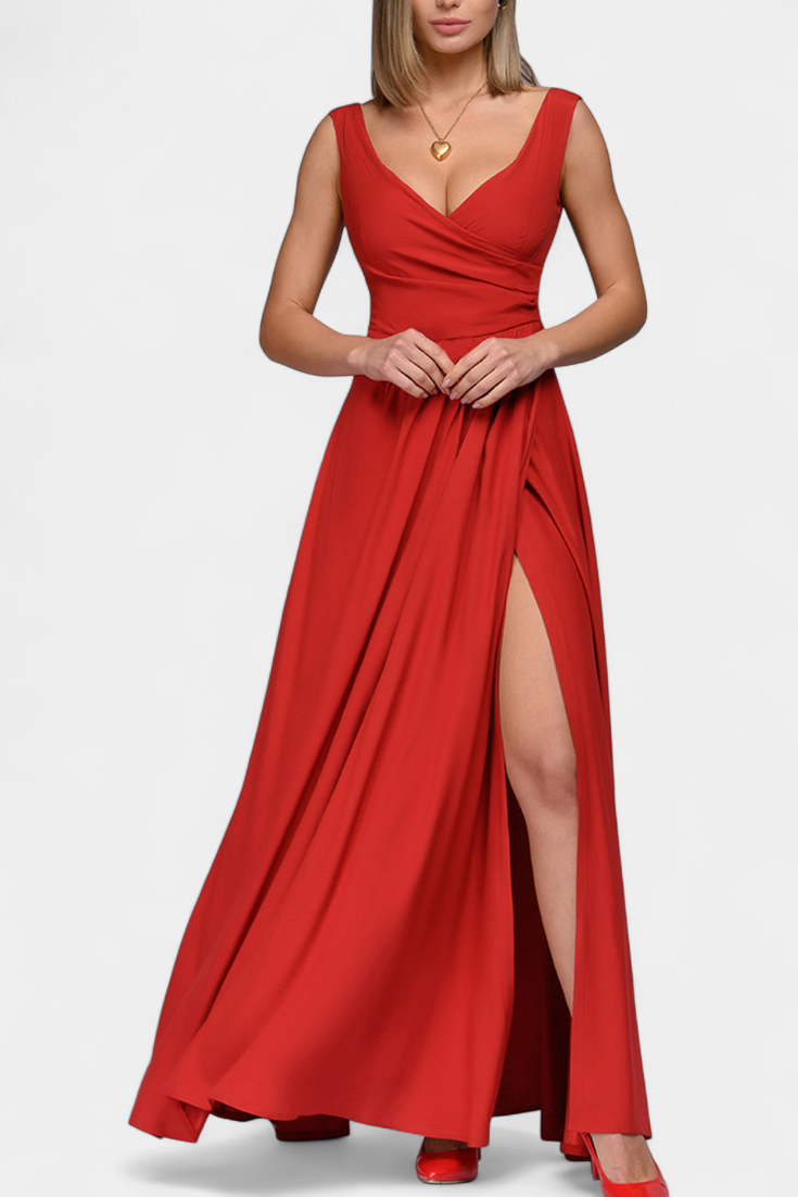 Elegant Chiffon Maxi Dress for Women with V Neck Sleeveless High Slit Formal Wedding Guest Style