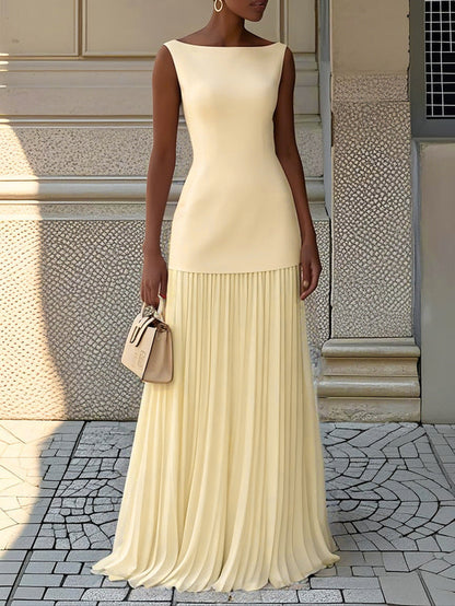Elegant Pleated Maxi Dress for Women with Boat Neck Sleeveless Fitted Bodice Formal Party Style