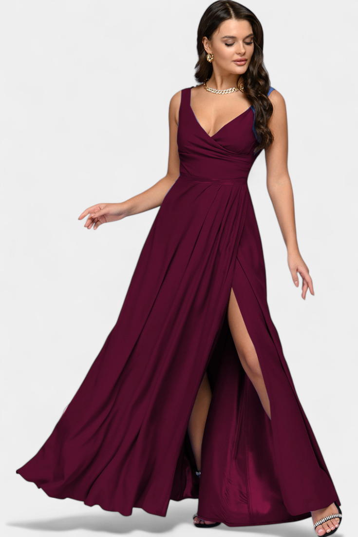 Elegant Chiffon Maxi Dress for Women with V Neck Sleeveless High Slit Formal Wedding Guest Style