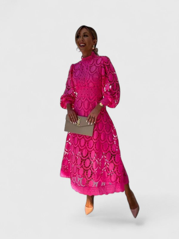 Elegant Lace Maxi Dress for Women with High Neck Long Sleeve Tiered Skirt Formal Wedding Guest Style