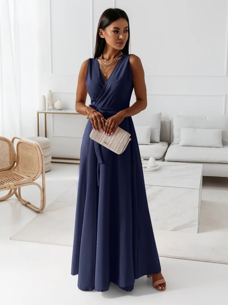 Elegant Satin Maxi Dress for Women with Surplice V Neck Pleated Waist Flowing Formal Wedding Guest Style